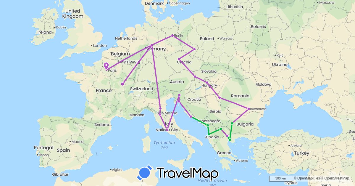 TravelMap itinerary: bus, train in Albania, Bulgaria, Czech Republic, Germany, France, Greece, Croatia, Hungary, Italy, Montenegro, Macedonia, Poland, Romania, Slovenia, Slovakia (Europe)